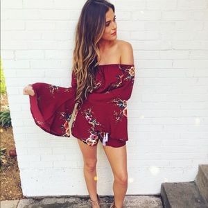 Off the shoulder maroon romper